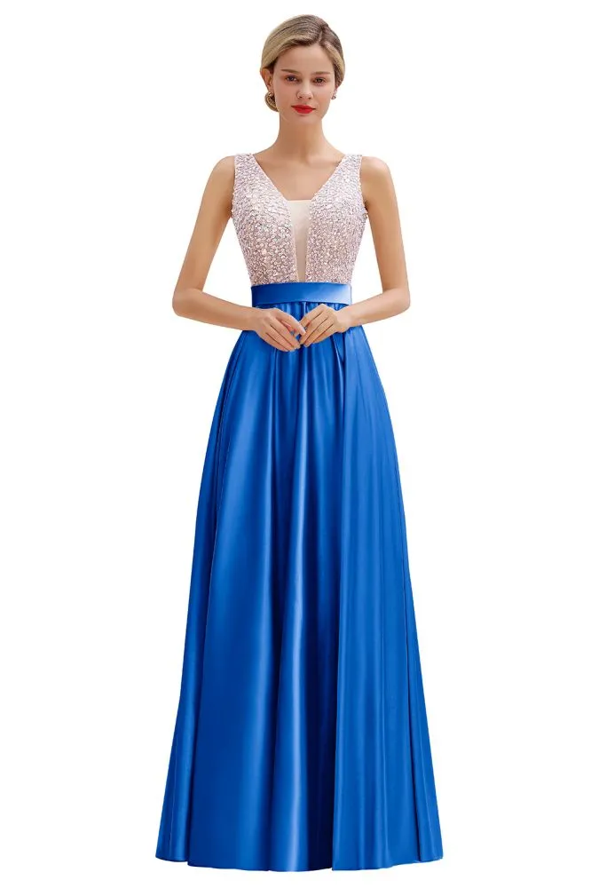 Stylish Backless Satin Floor Length Evening Dress V-Neck Party Dress