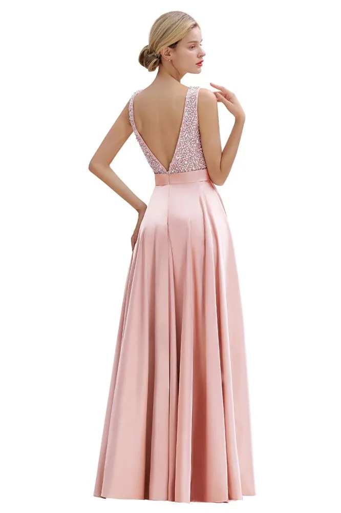 Stylish Backless Satin Floor Length Evening Dress V-Neck Party Dress