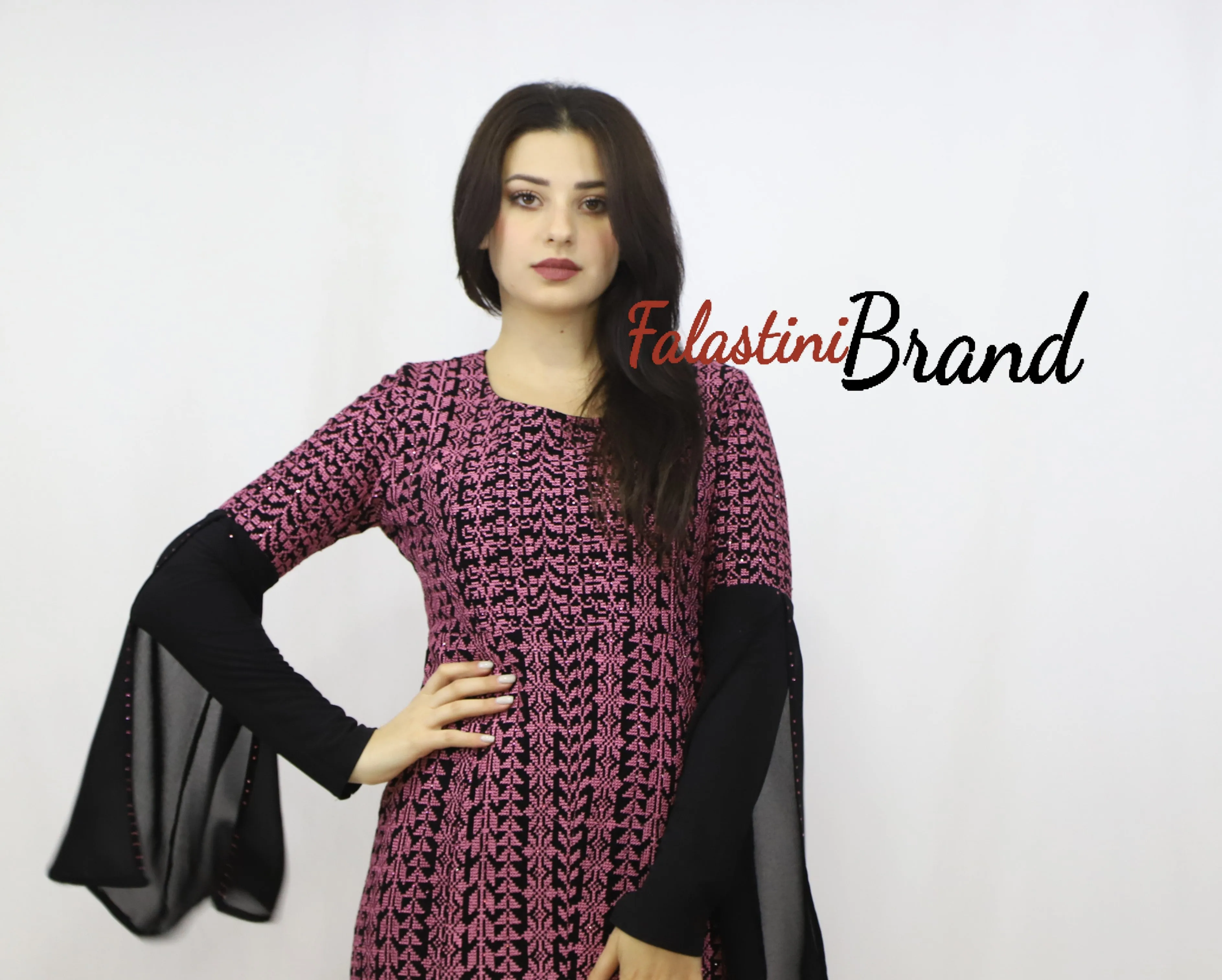 Stylish Fish Cut Black and Pink Palestinian Embroidered Dress