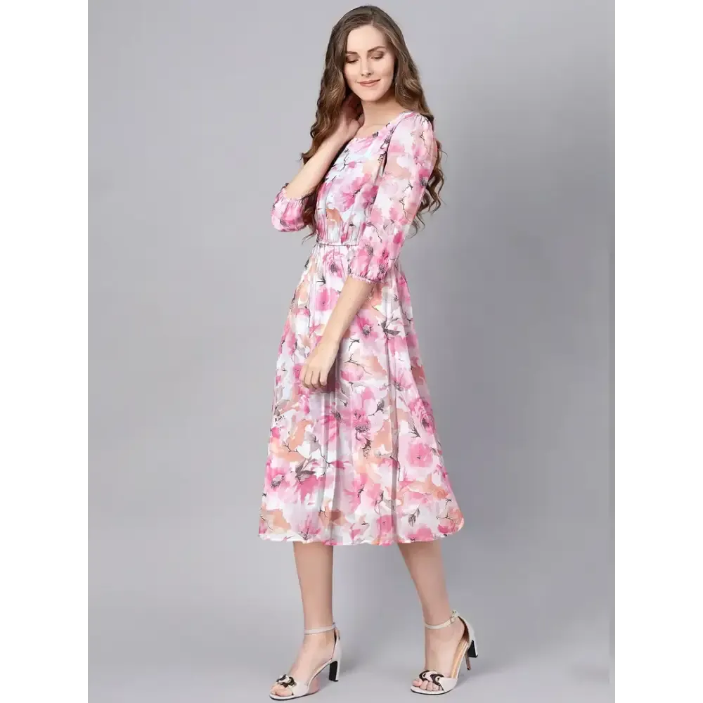 Stylish Pink Georgette Floral Printed Fit And Flare Dress For Women