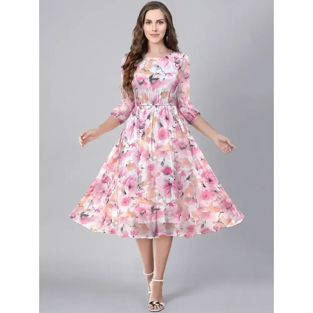 Stylish Pink Georgette Floral Printed Fit And Flare Dress For Women