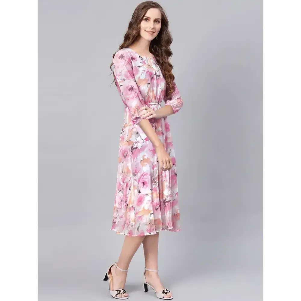 Stylish Pink Georgette Floral Printed Fit And Flare Dress For Women