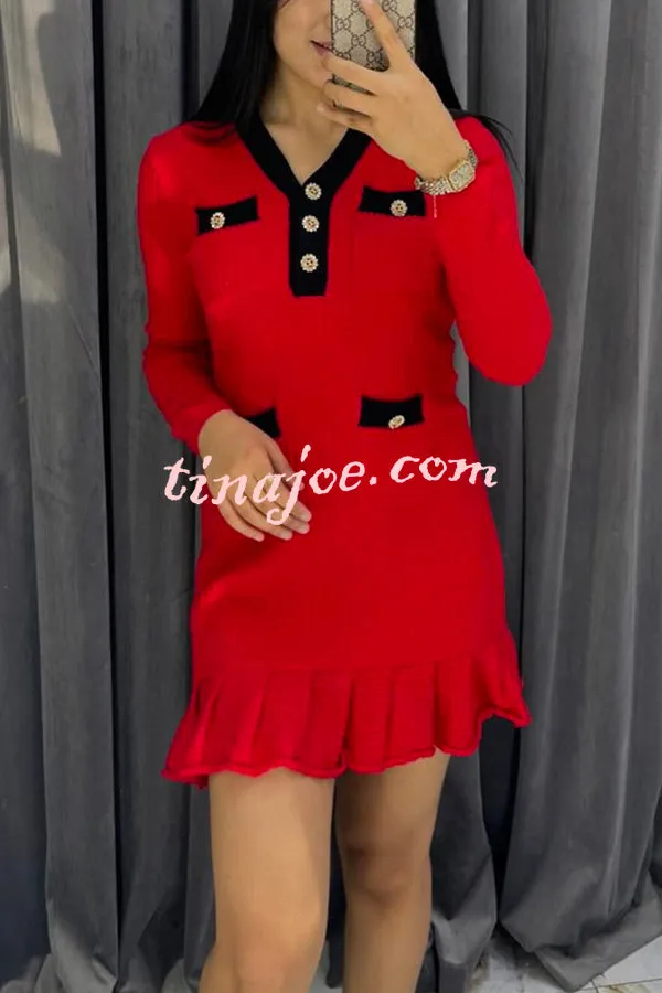 Stylish Waffle Contrast V-neck Ruffled Knitted Mini Dress