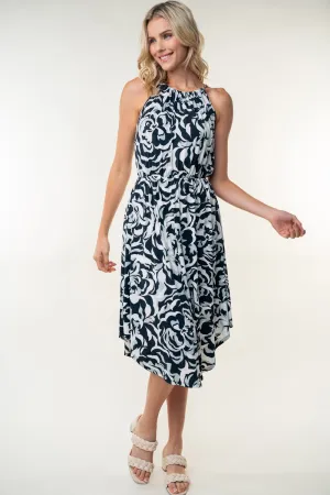 Tied Ruched Floral Sleeveless Knee Length Dress