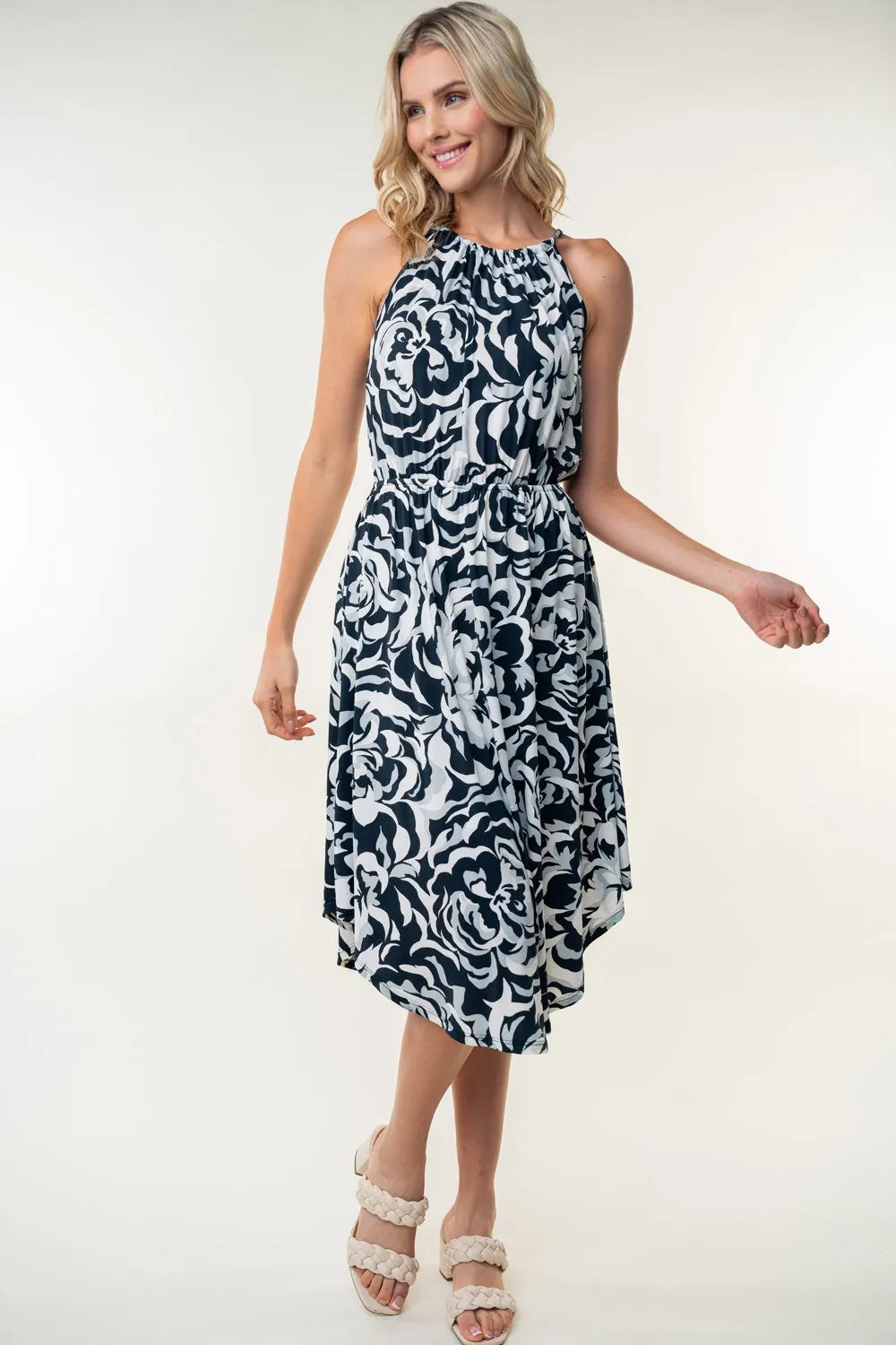 Tied Ruched Floral Sleeveless Knee Length Dress