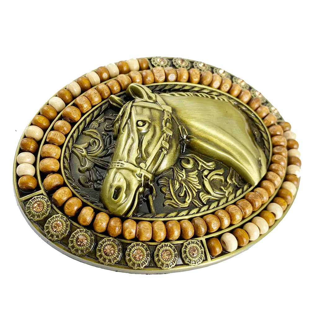 TOPACC Western Oval Wood Beads Horse Belt Buckle