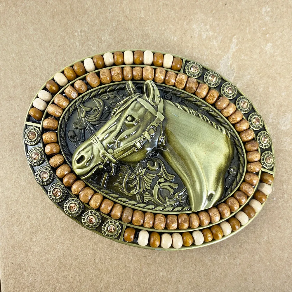 TOPACC Western Oval Wood Beads Horse Belt Buckle