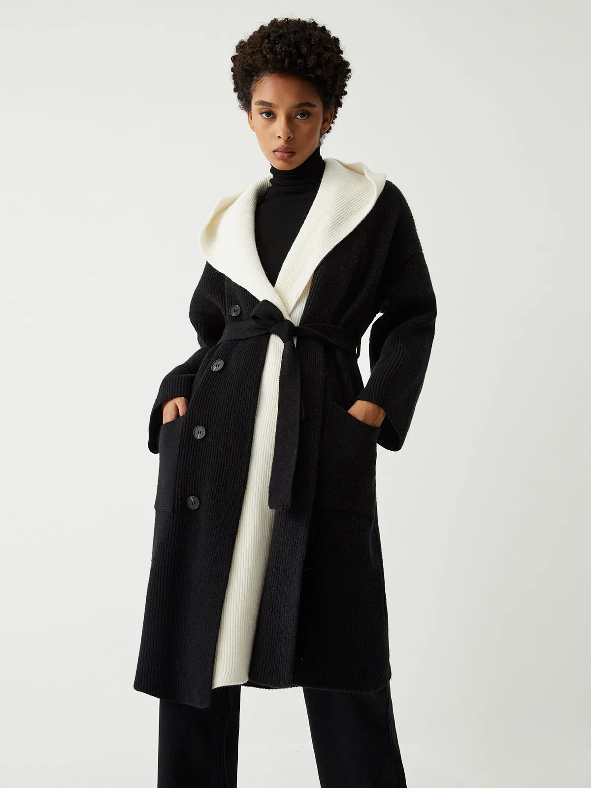 Two Tone Hooded Trendy Belted Longline Cardigan