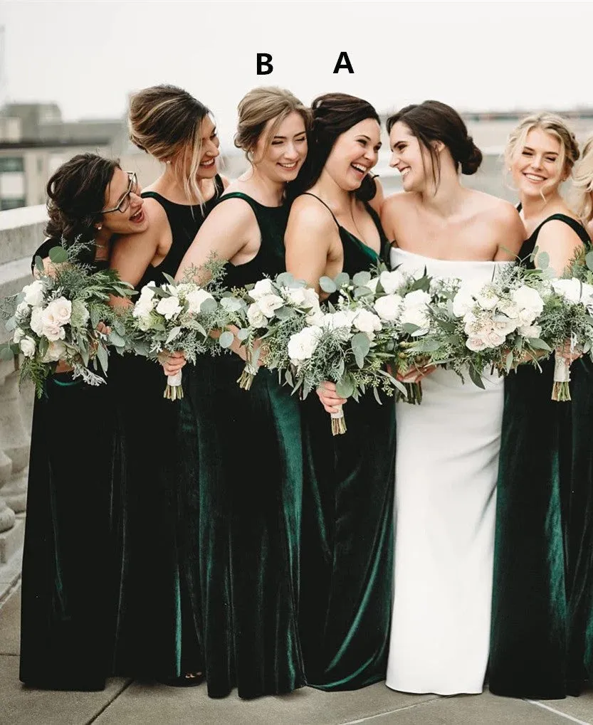 V Neck Sleeveless Winter Emerald Green Velvet Bridesmaid Dresses