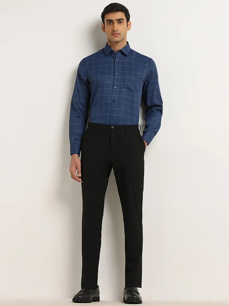 WES Formals Navy Checkered Slim-Fit Cotton Shirt