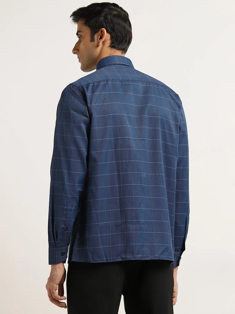 WES Formals Navy Checkered Slim-Fit Cotton Shirt