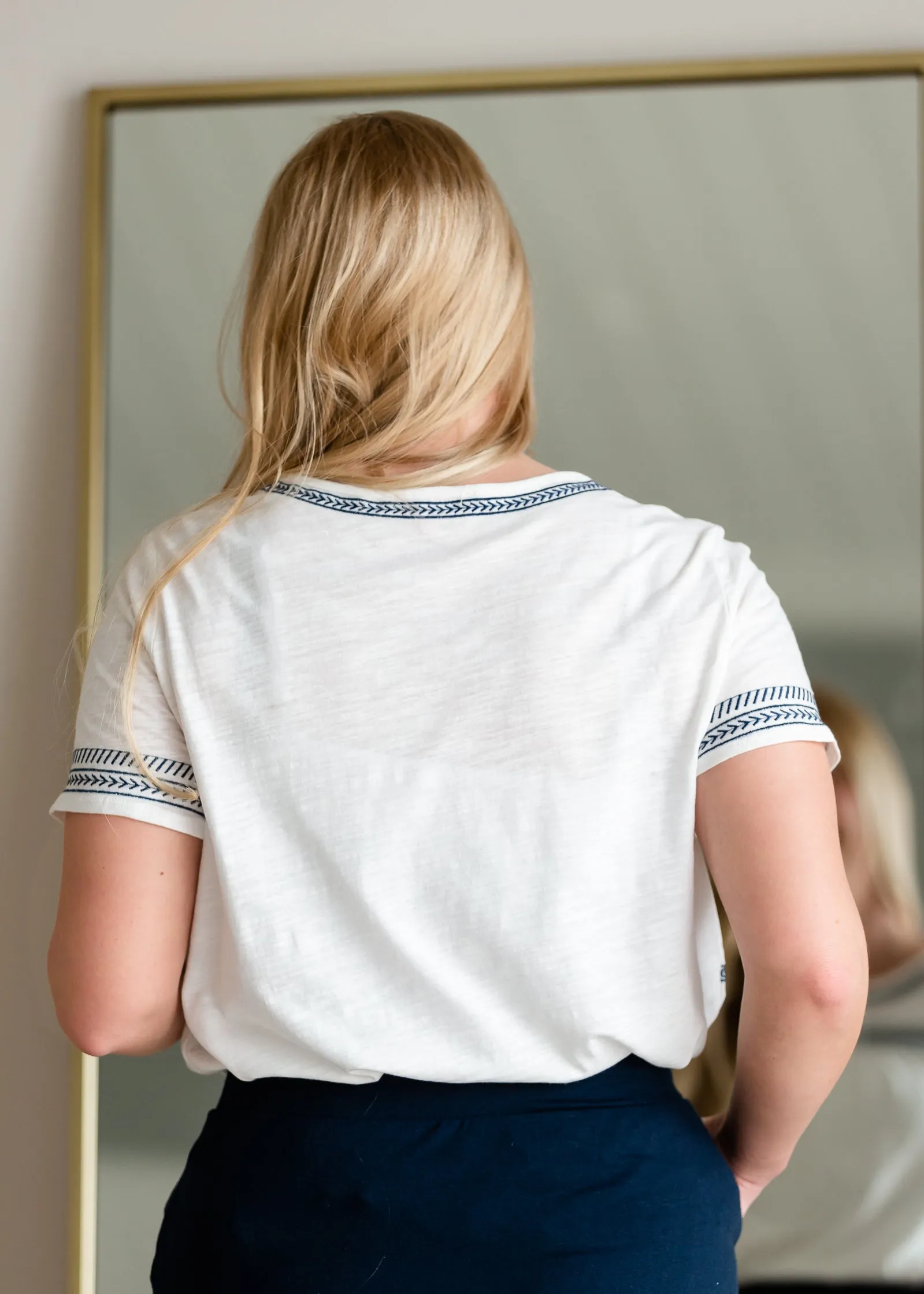 White & Navy Embroidered Top - FINAL SALE