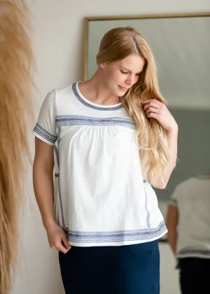 White & Navy Embroidered Top - FINAL SALE