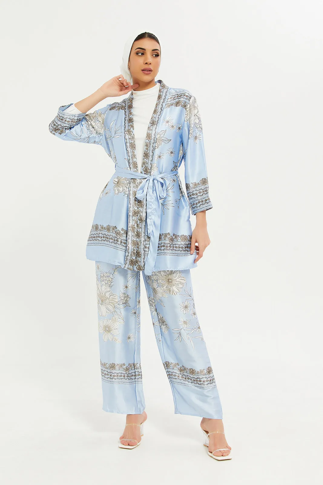 Women Blue Printed Belted Cardigan