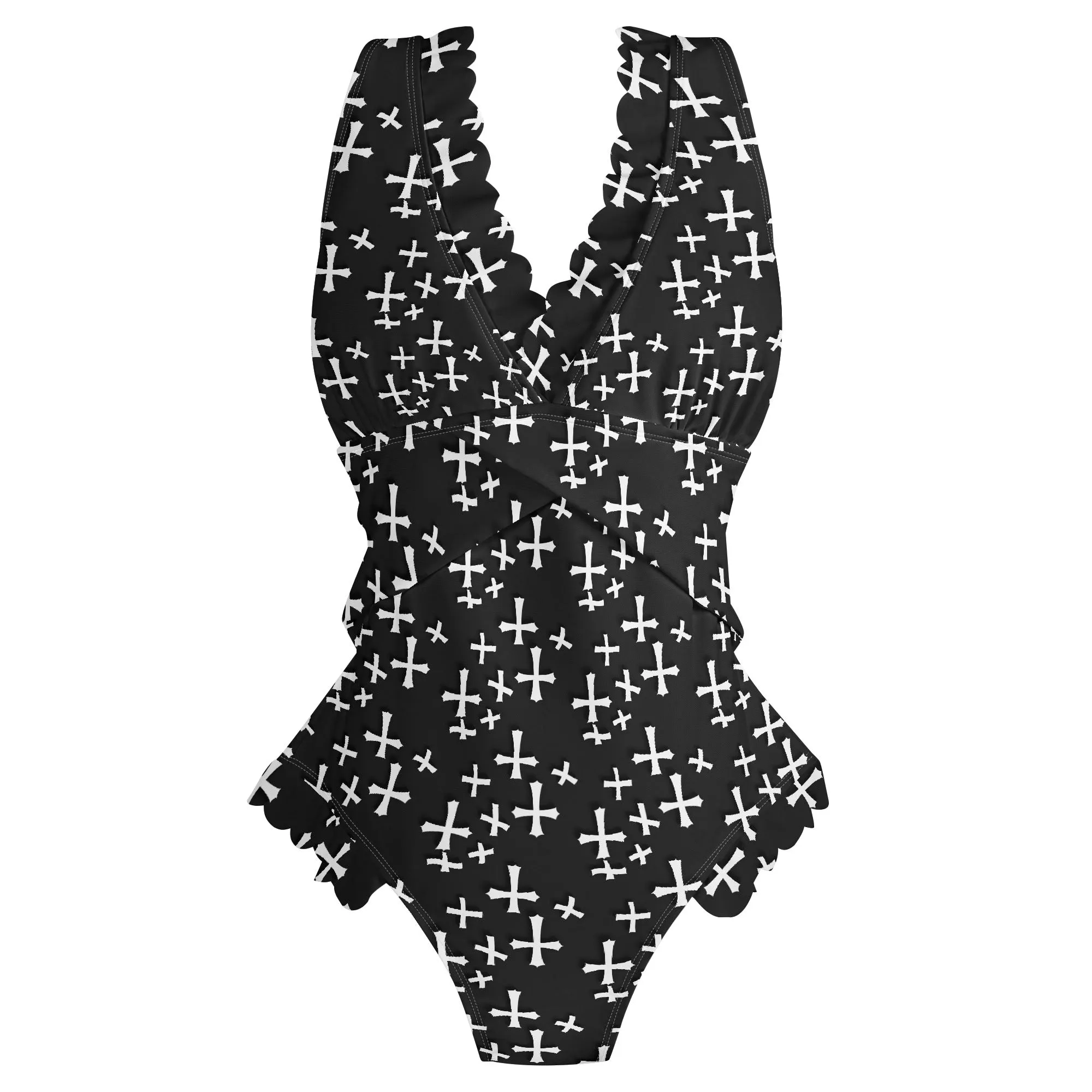 Womens Little Crosses Ruffle Edge Cross-Front One Piece Swimsuit Bathing Suit