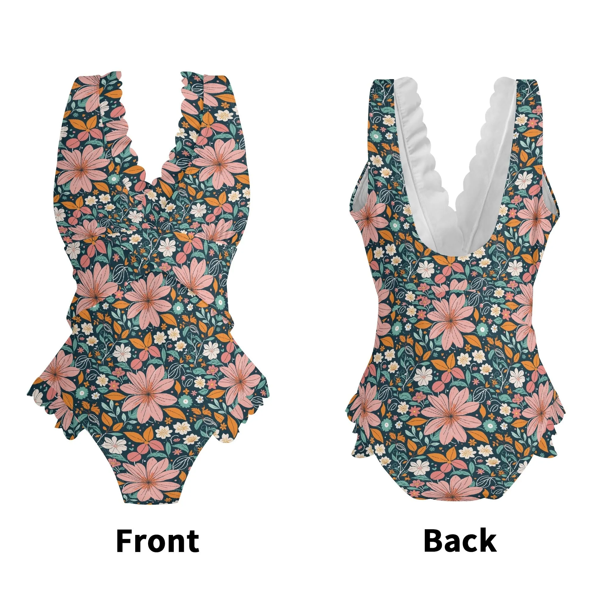 Womens Wild Flowers Ruffle Edge Cross-Front One Piece Swimsuit Bathing Suit