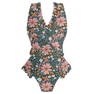 Womens Wild Flowers Ruffle Edge Cross-Front One Piece Swimsuit Bathing Suit