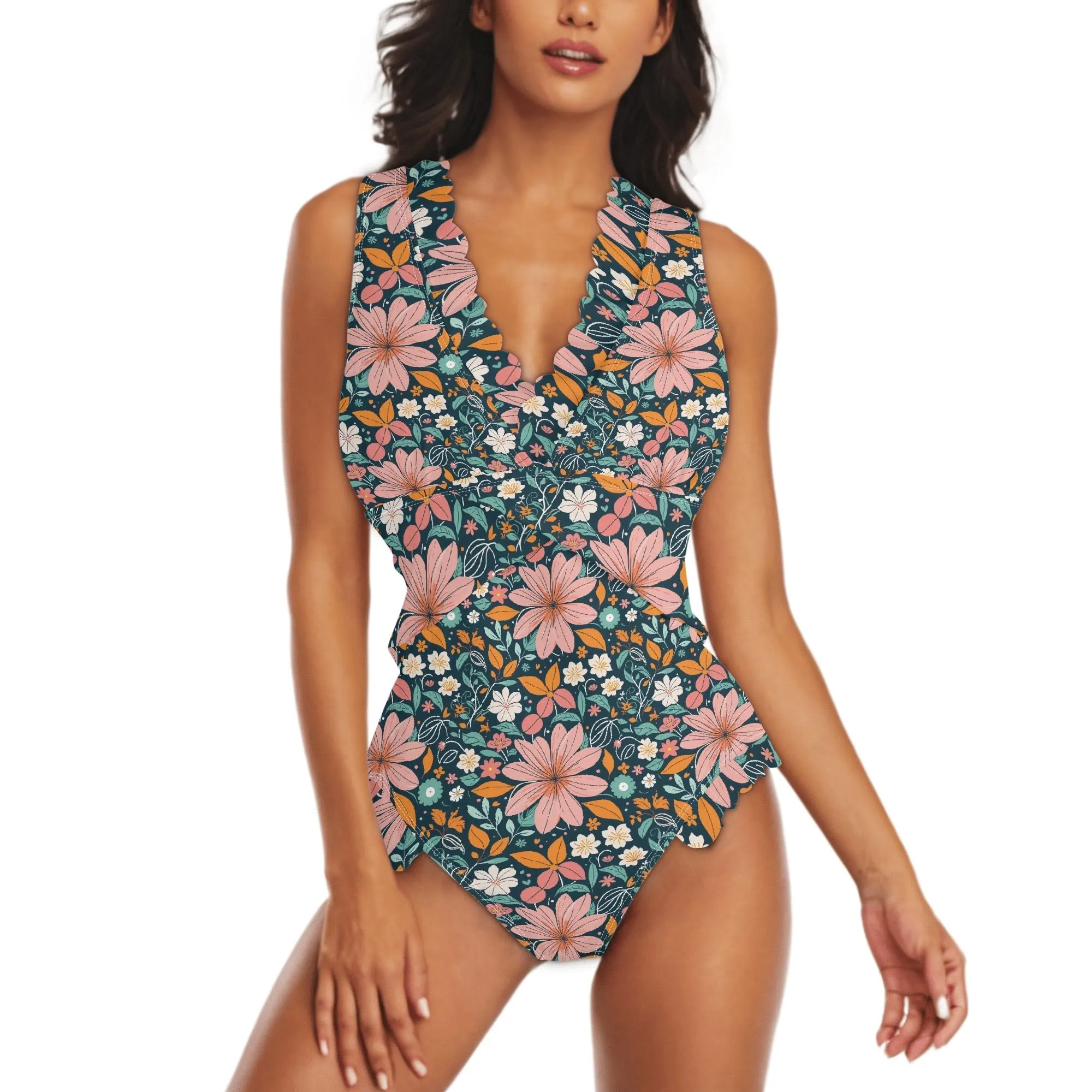 Womens Wild Flowers Ruffle Edge Cross-Front One Piece Swimsuit Bathing Suit